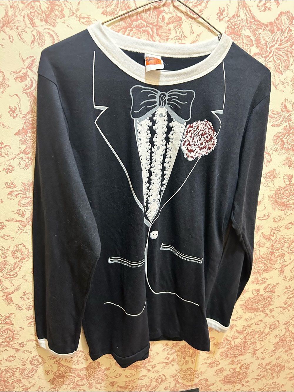 Vintage Black Long-Sleeve Graphic Tuxedo Tee with White Trim and Red Boutonniere